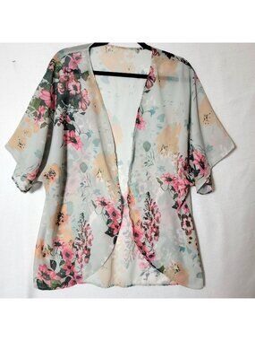 Hibluco Sheer Open Front Top Womens Sz S Short Sleeve Rose Floral Print Y2K